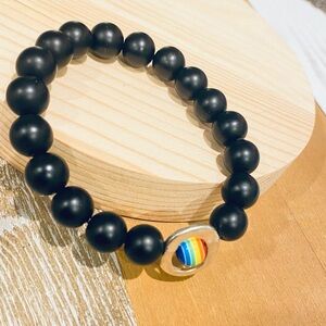LGBTQ+ Pride Bracelet black Matt beads w rainbow charm gift love equal